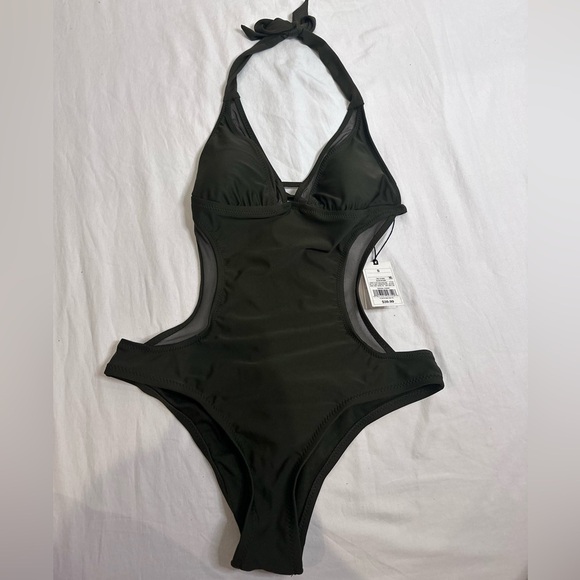 Shade & Shore Other - Dark green women’s one piece swimsuit, open back, mesh sidings, NWT, size small